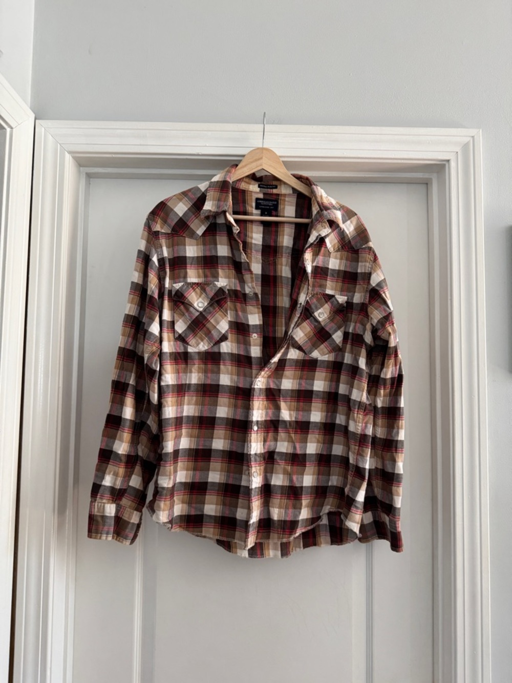American Eagle Plaid Button-Up Shirt in Brown, Tan, Red from mid 2000s